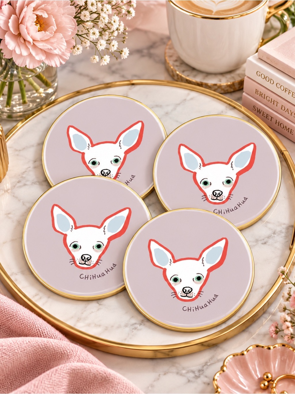 Fringe Studio BFF Chihuahua Ceramic Coasters Set of 4 NWT